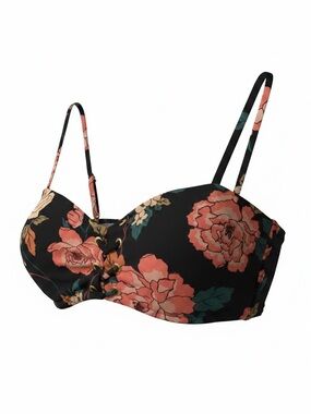 Billabong Floral Lace-Up Bandeau Bikini Bra Top Black with Coral Floral XL